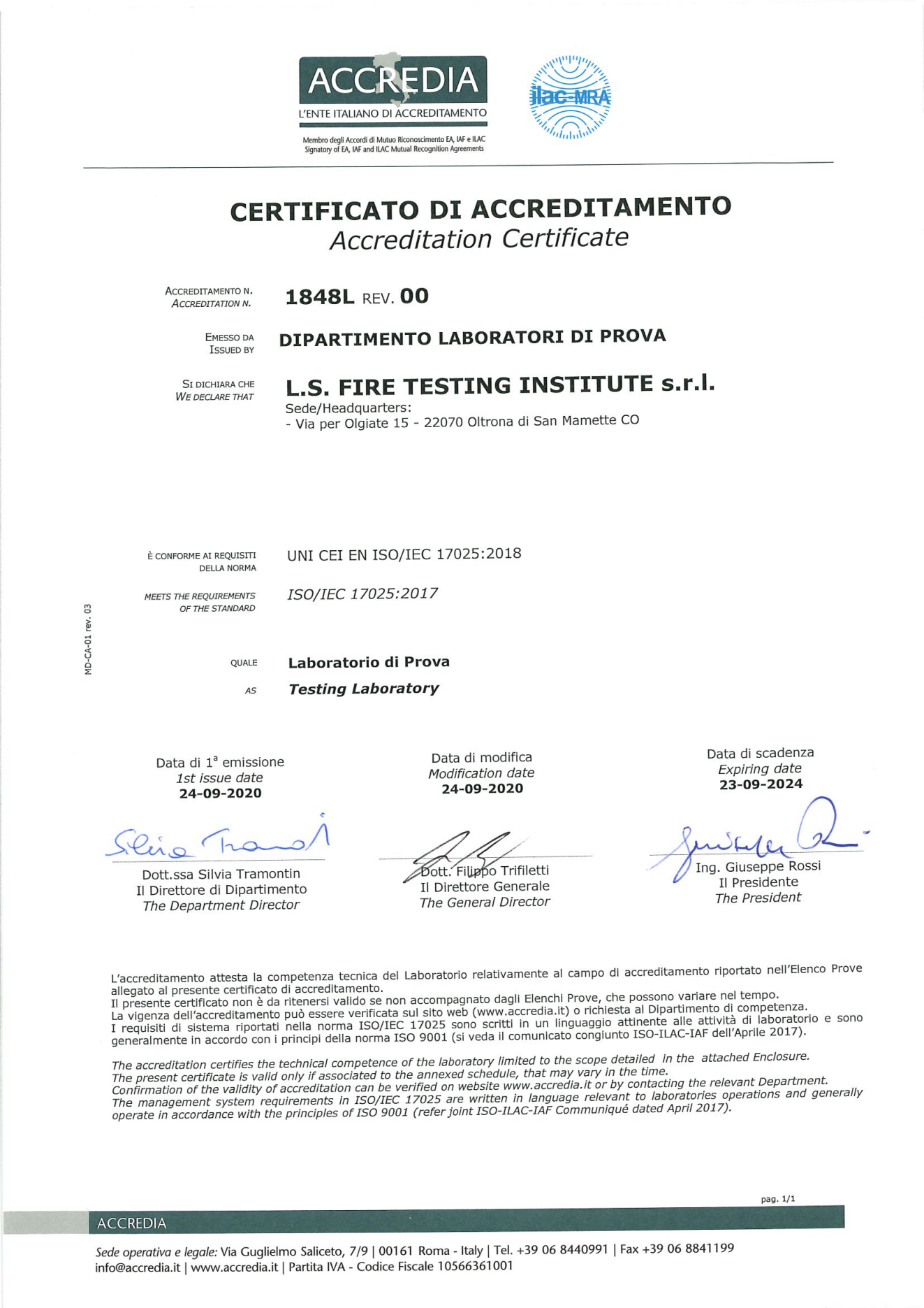 LS Laboratory Certification Certificate